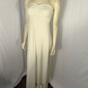 Vintage 1970s Ivory Slip Dress Bias Cut Maxi Gown Ruched Bust Spaghetti Strap Bo